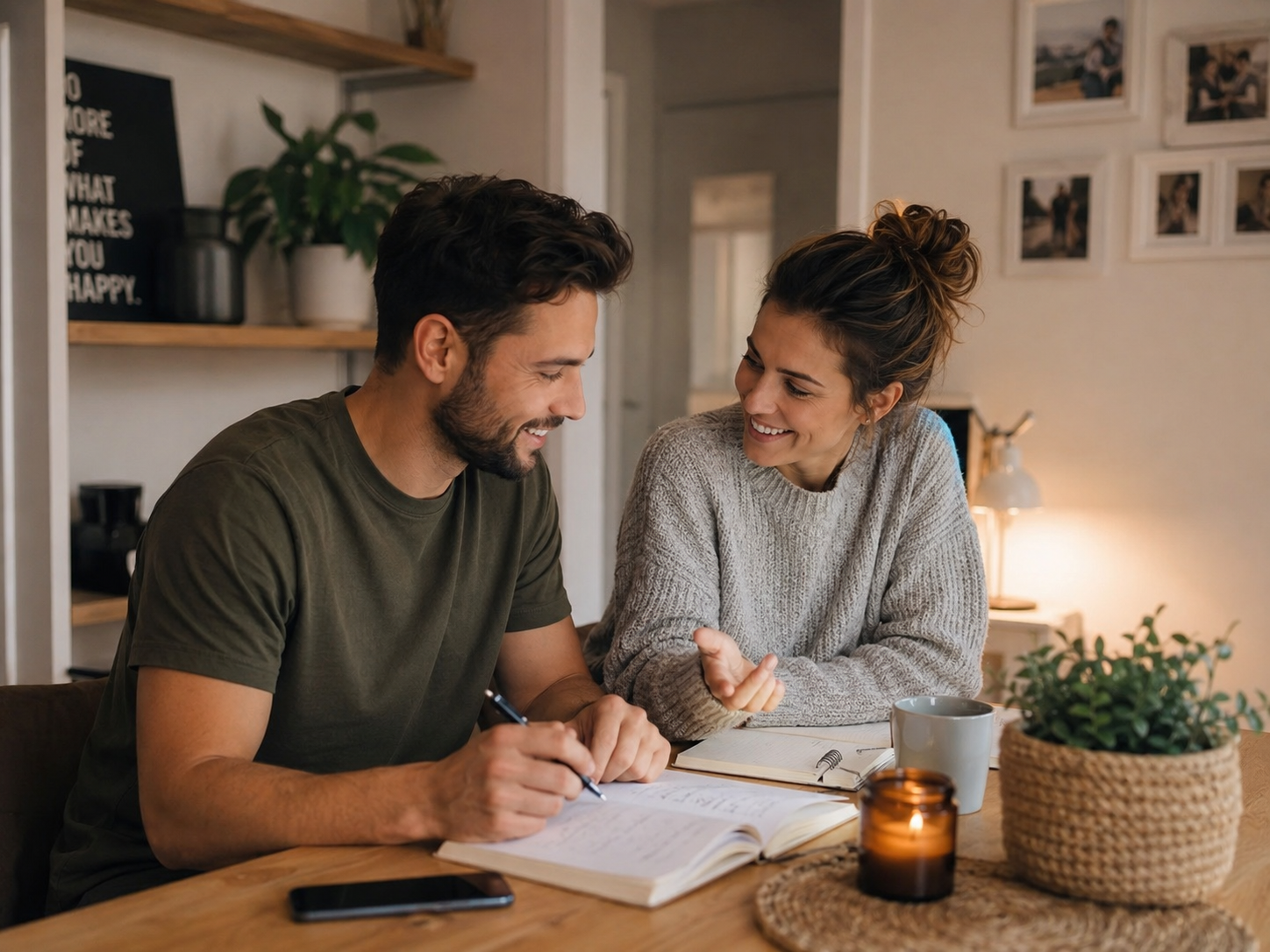 A couple planning together in warm light
